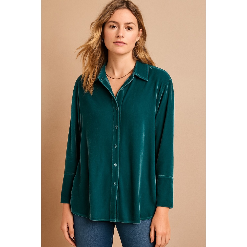 Soft Surroundings Teal Blue Velvet Button Down Shirt‎ Petite PXL Soft Luxe S